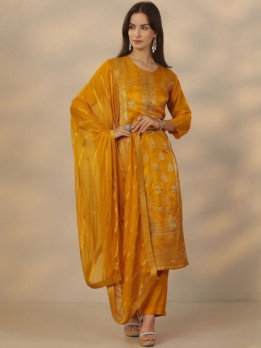 Dhiyona LL Women Ethnic Motifs Embroidered Regular Thread Work Kurta with Palazzos & With Dupatta