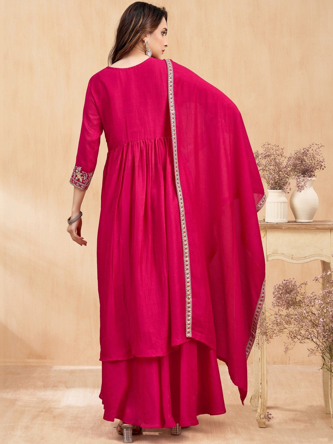 Embroidered V-Neck Kurta & Palazzos With Dupatta