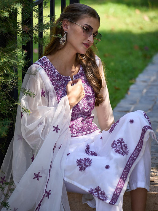 Women Floral Embroidered Regular Thread Work Kurta with Trousers & With Dupatta