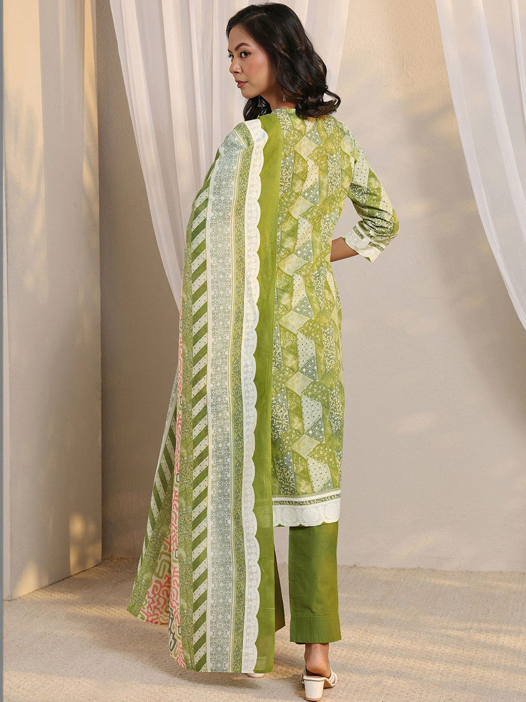 Libas Green Geometric Printed Straight Suit Set with Dupatta