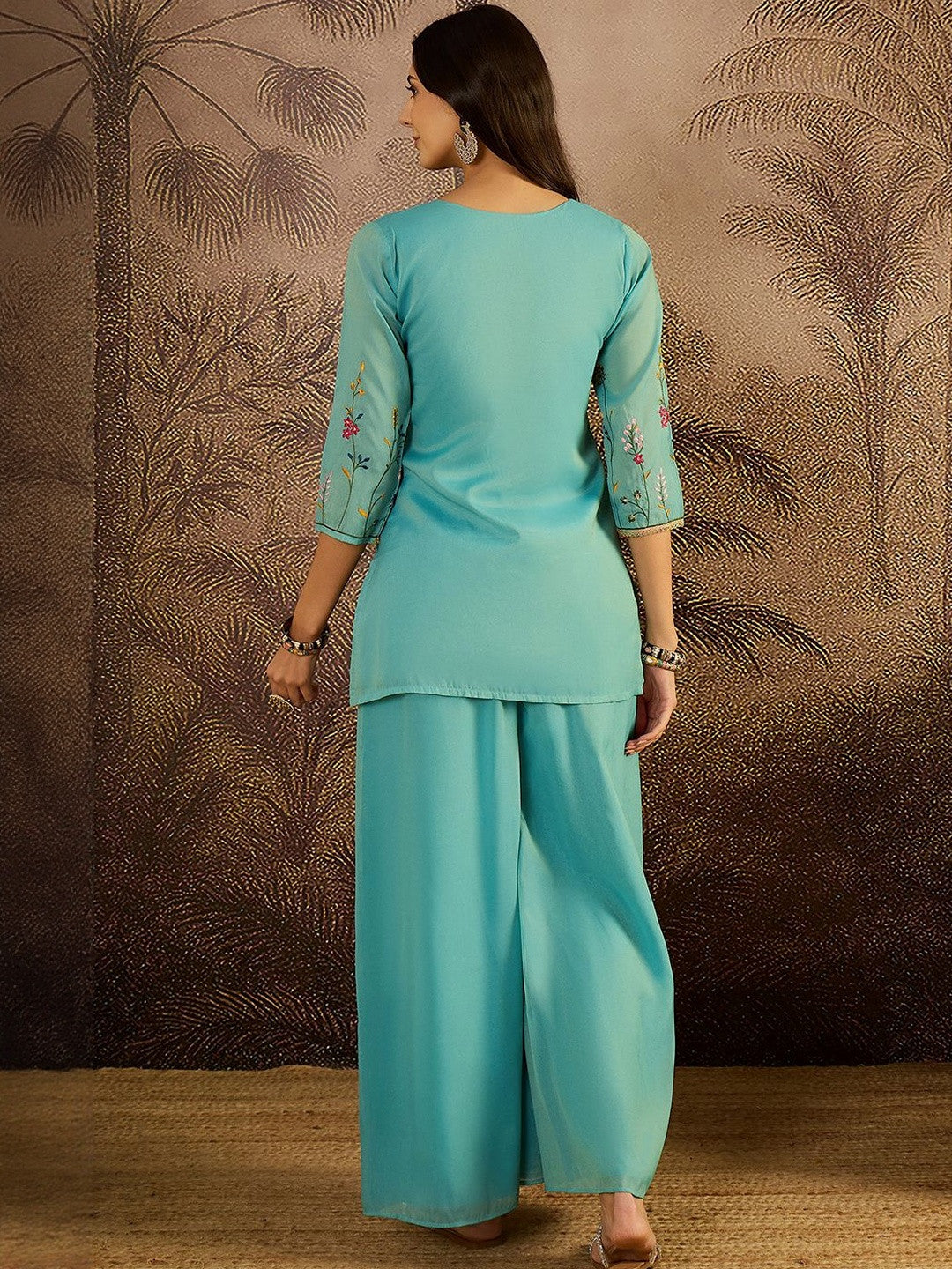Floral Embroidered V-Neck Thread Work Georgette Kurti With Palazzo