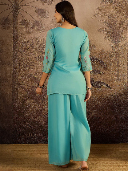 Floral Embroidered V-Neck Thread Work Georgette Kurti With Palazzo