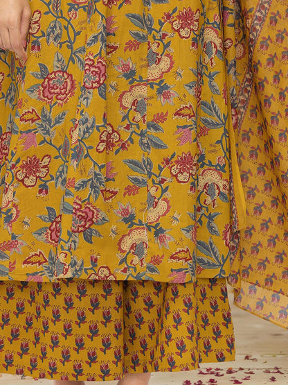 Dhiyona IS Women's Floral Printed Pure Cotton A-line Kurta With Trousers & Dupatta