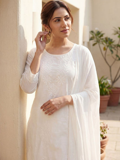 Women Ethnic Motifs Embroidered Regular Chikankari Pure Cotton Kurta with Trousers & With Dupatta