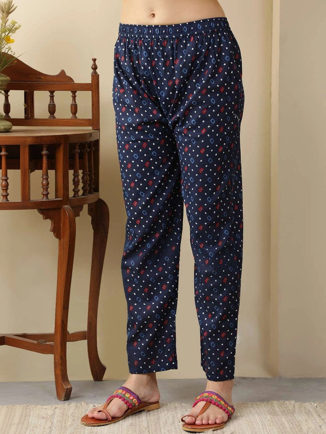 Women Printed Angrakha Thread Work Pure Cotton Kurta with Trousers & With Dupatta
