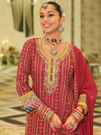 Dhiyona IE Ethnic Motifs Embroidered Straight Sequinned Kurta With Sharara & Dupatta
