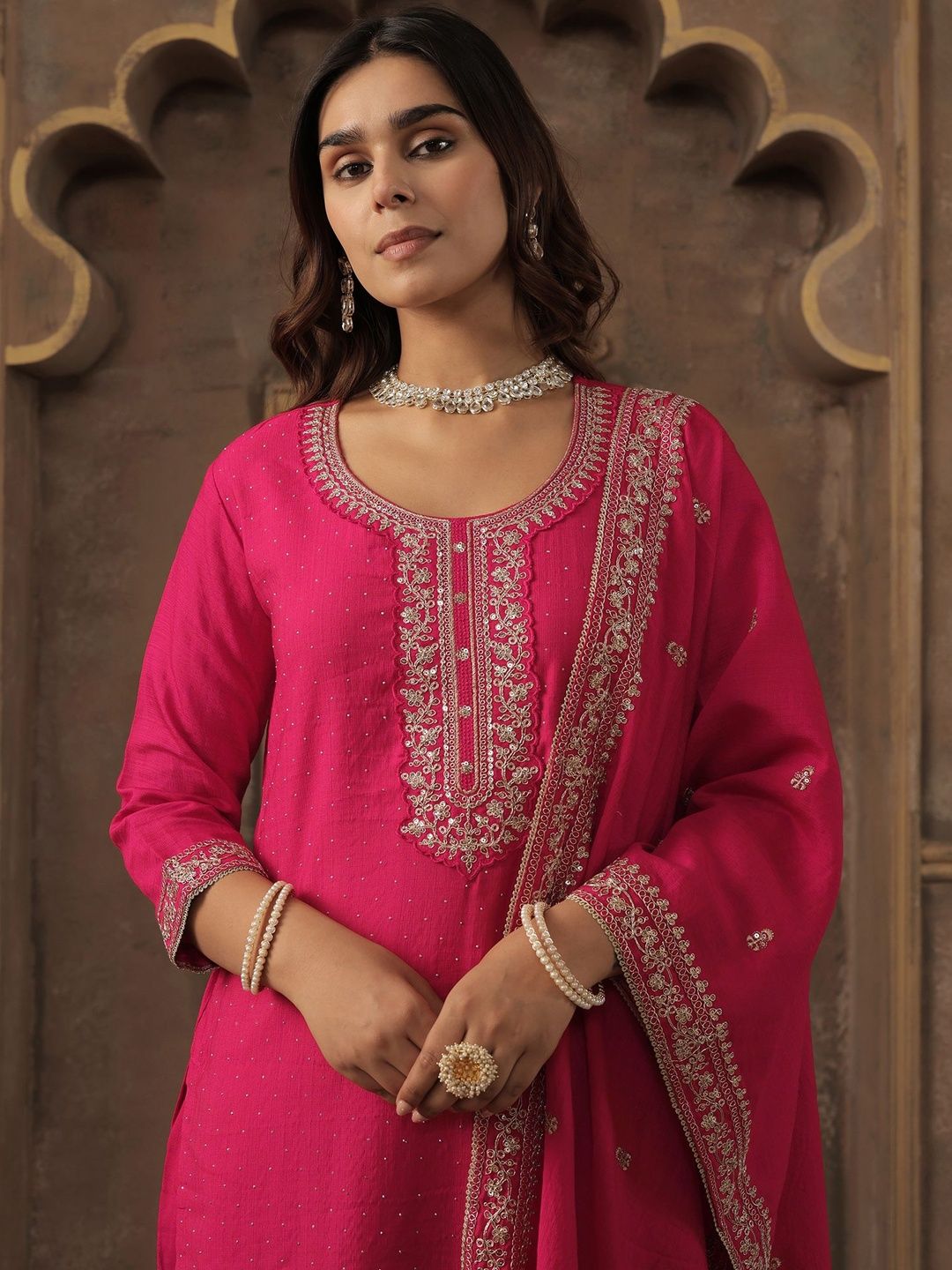 Dhiyona IE Ethnic Motifs Embroidered Chanderi Cotton Kurta With Trousers & Dupatta