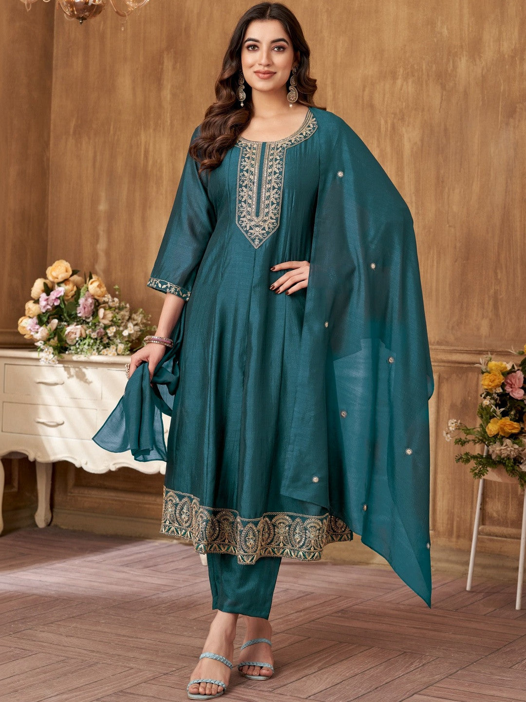 Dhiyona SN Embroidered RoundMaroon-Neck Kurta Trousers & Dupatta