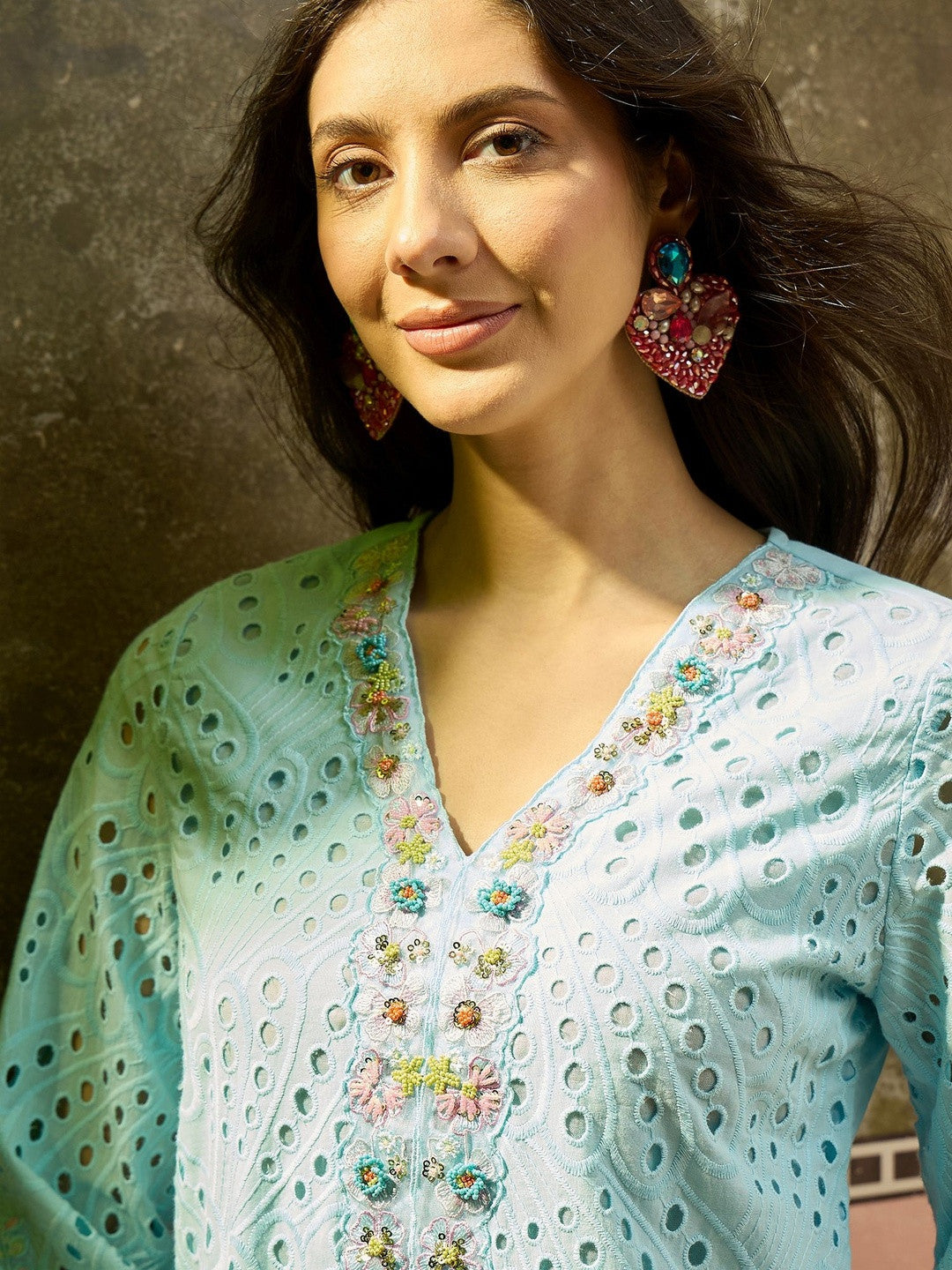 Embroidered Pure Cotton V-Neck Kurti & Trousers