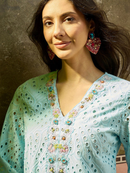 Embroidered Pure Cotton V-Neck Kurti & Trousers
