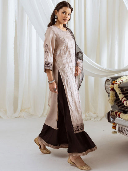Dhiyona SN Floral Embroidered Thread Work Muslin Silk Straight Kurta With Palazzo And Dupatta