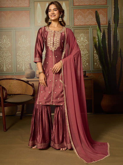 Dhiyona HOP Women Ethnic Motifs Embroidered Kurti with Sharara & Dupatta