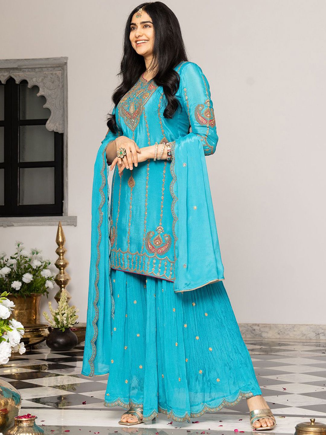 Dhiyona CH Embroidered Kurta with Plazzo and Dupatta