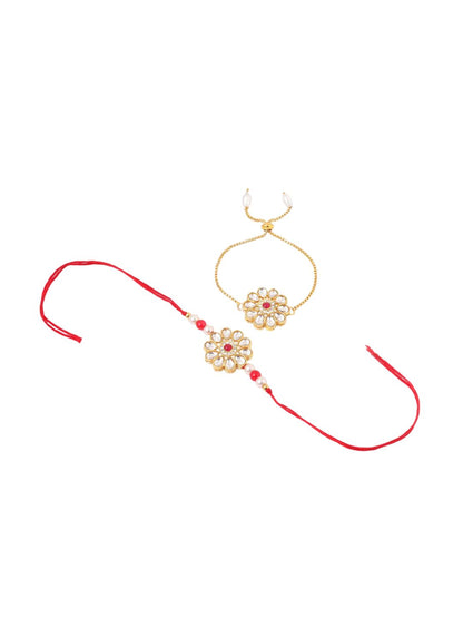 Dhiyona Set Of 2 Gold Toned Kundan Floral Design Bhaiya Bhabhi Rakhi Set With Roli Chawal