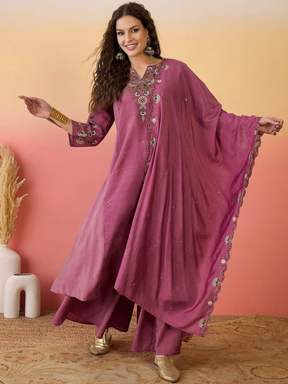 Dhiyona SN Women Embroidered Anarkali Kurta With Palazzo & Dupatta