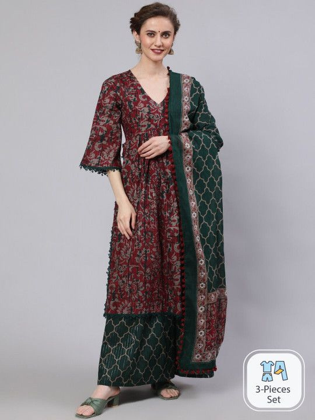 Striped Printed Pure Cotton Keyhole Neck Kurti & Palazzos With Dupatta