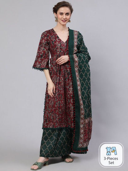 Striped Printed Pure Cotton Keyhole Neck Kurti & Palazzos With Dupatta