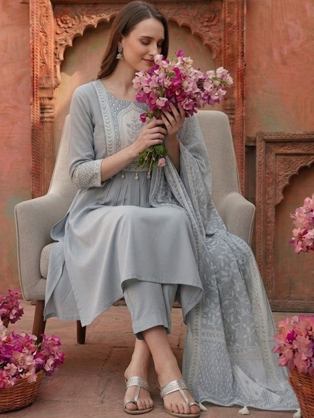 Women Ethnic Motifs Embroidered Empire Mirror Work Pure Cotton Kurta with Trousers & With Dupatta
