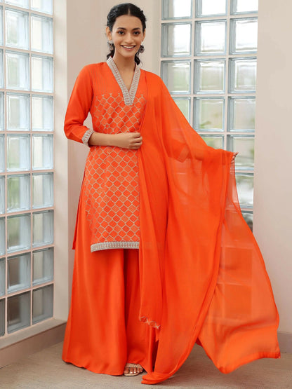 Women's LB Orange Woven Design Silk Blend Straight Suit With Dupatta