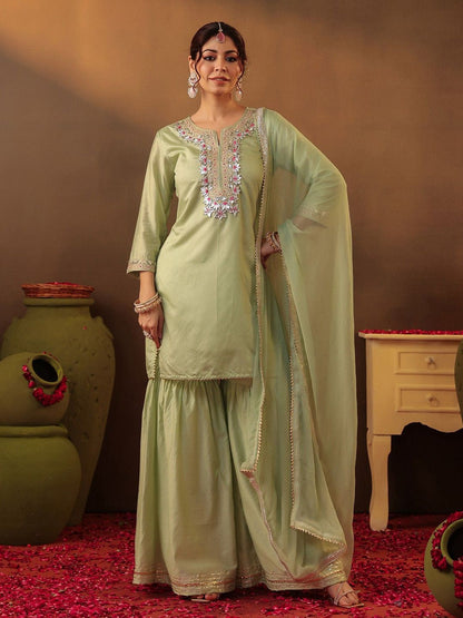 Dhiyona SC Floral Embroidered Gotta Patti Straight Kurta with Sharara & Dupatta