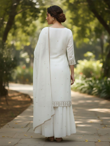 Dhiyona VA Women Ethnic Motifs Embroidered Regular Thread Work Kurta with Sharara & With Dupatta