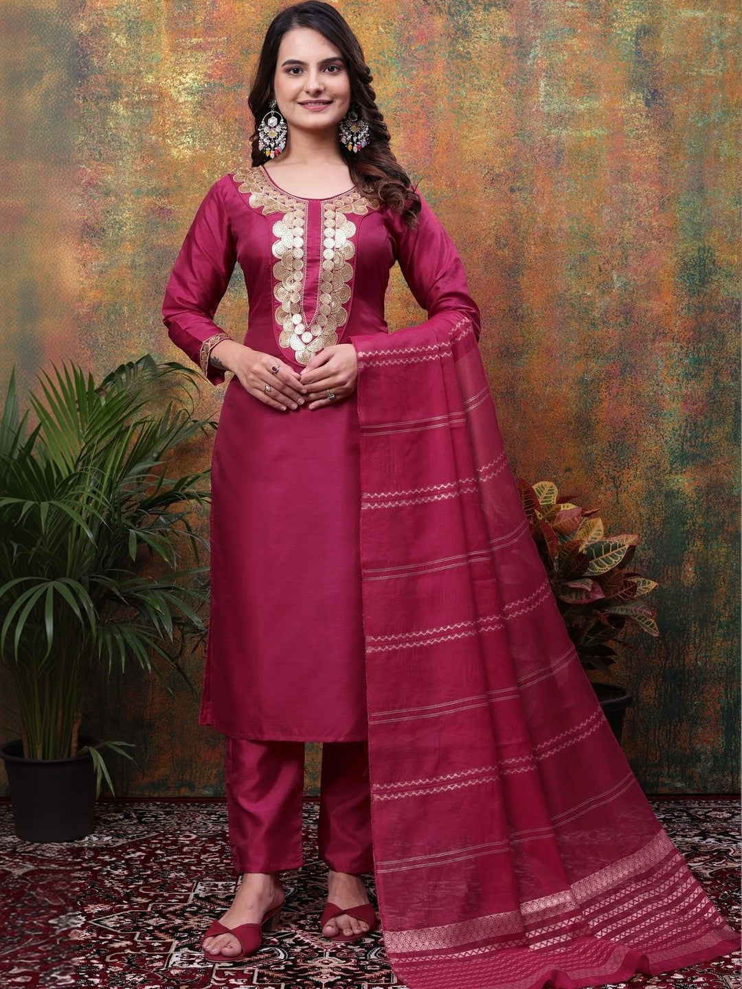 Women Ethnic Motifs Embroidered Regular Kurta with Trousers & With Dupatta