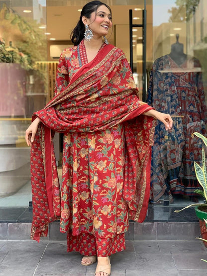 Dhiyona KL Women Floral Printed Regular Pure Cotton Kurta with Trousers & With Dupatta