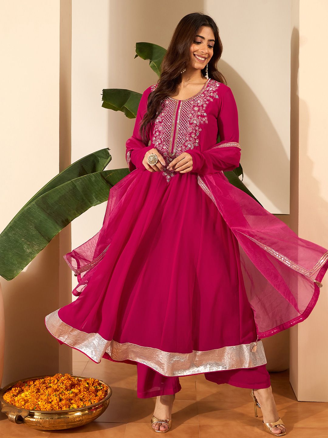 Dhiyona IN Floral Embroidered Anarkali Thread Work Kurta With Palazzos & Dupatta