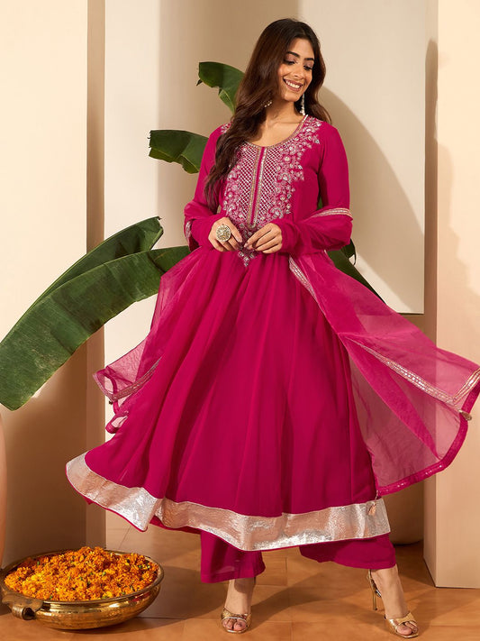 Dhiyona IN Floral Embroidered Anarkali Thread Work Kurta With Palazzos & Dupatta