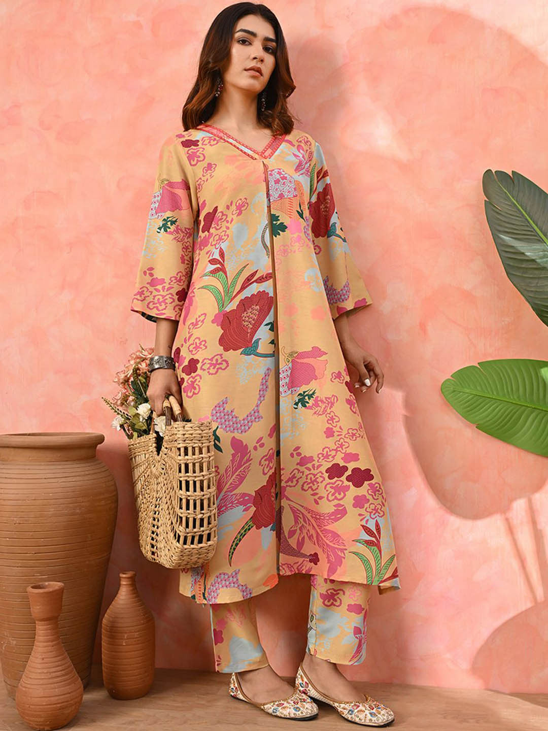 Floral Printed Pleated Sequinned Work V-Neck A-Line Kurta With Trousers