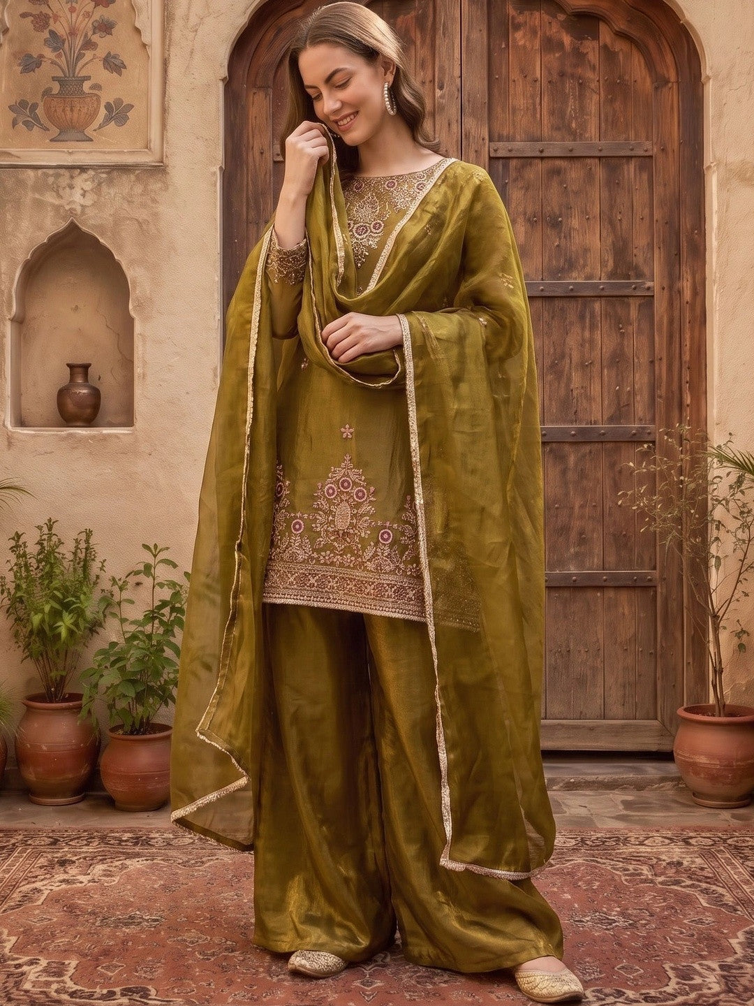Women Ethnic Motifs Regular Thread Work Kurta with Palazzos & With Dupatta
