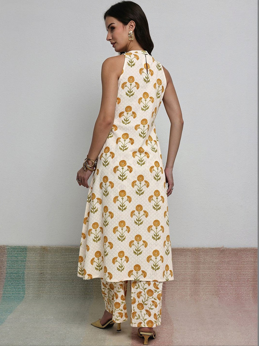 Off White Floral Printed Cotton A-Line Kurta Set