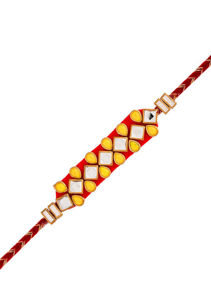 Dhiyona Set Of 4 Red Kundan-Studded & Beaded Rakhi With Roli Rice & Greeting Card