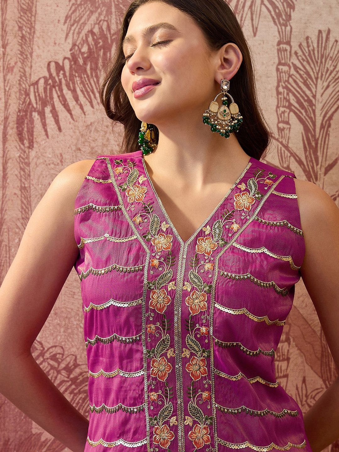 Embroidered V-Neck Kurta & Palazzos Kurta Sets