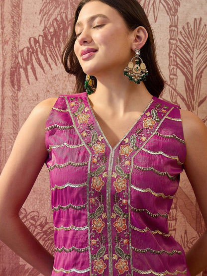 Embroidered V-Neck Kurta & Palazzos Kurta Sets