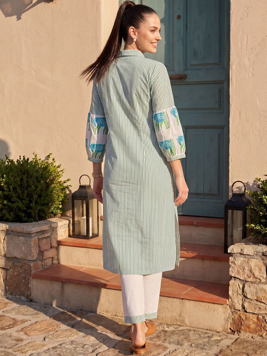 Women Striped Regular Pure Cotton Kurta with Trousers
