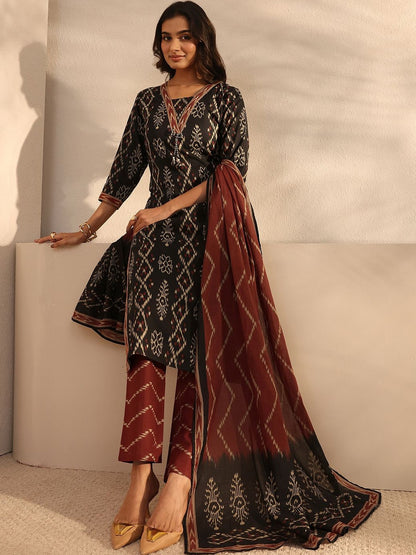 Black Ethnic Printed Cotton Straight Suit Set with Dupatta