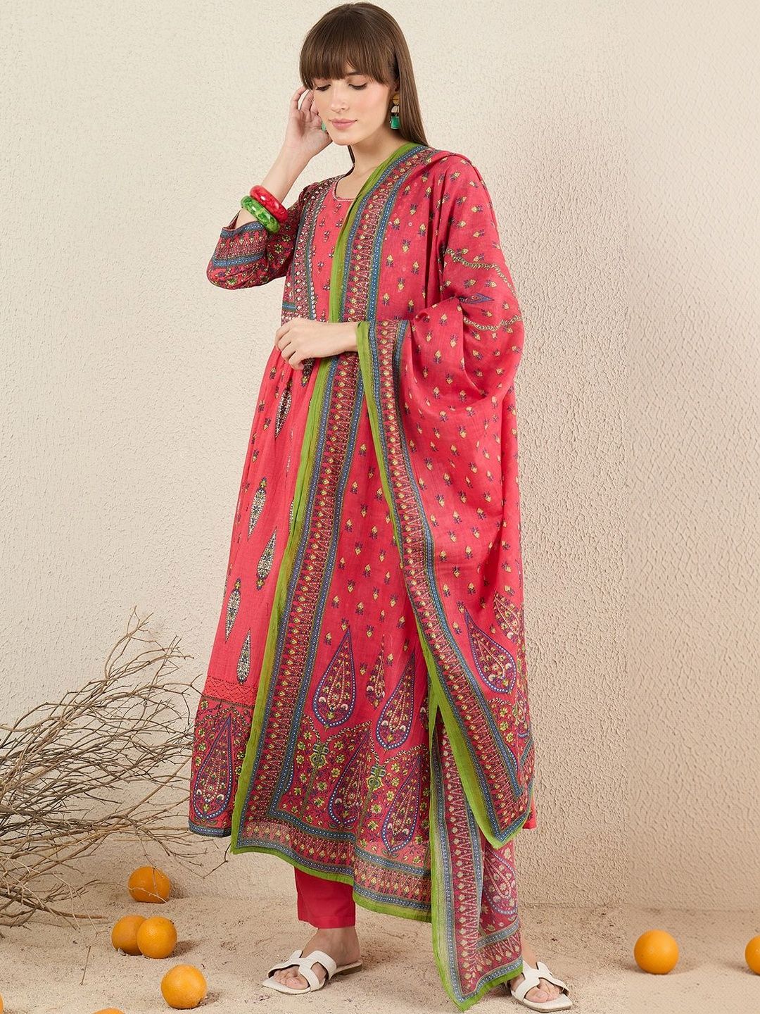 Dhiyona IE Women Ethnic Motifs Printed Panelled Pure Cotton Kurta with Trousers & With Dupatta