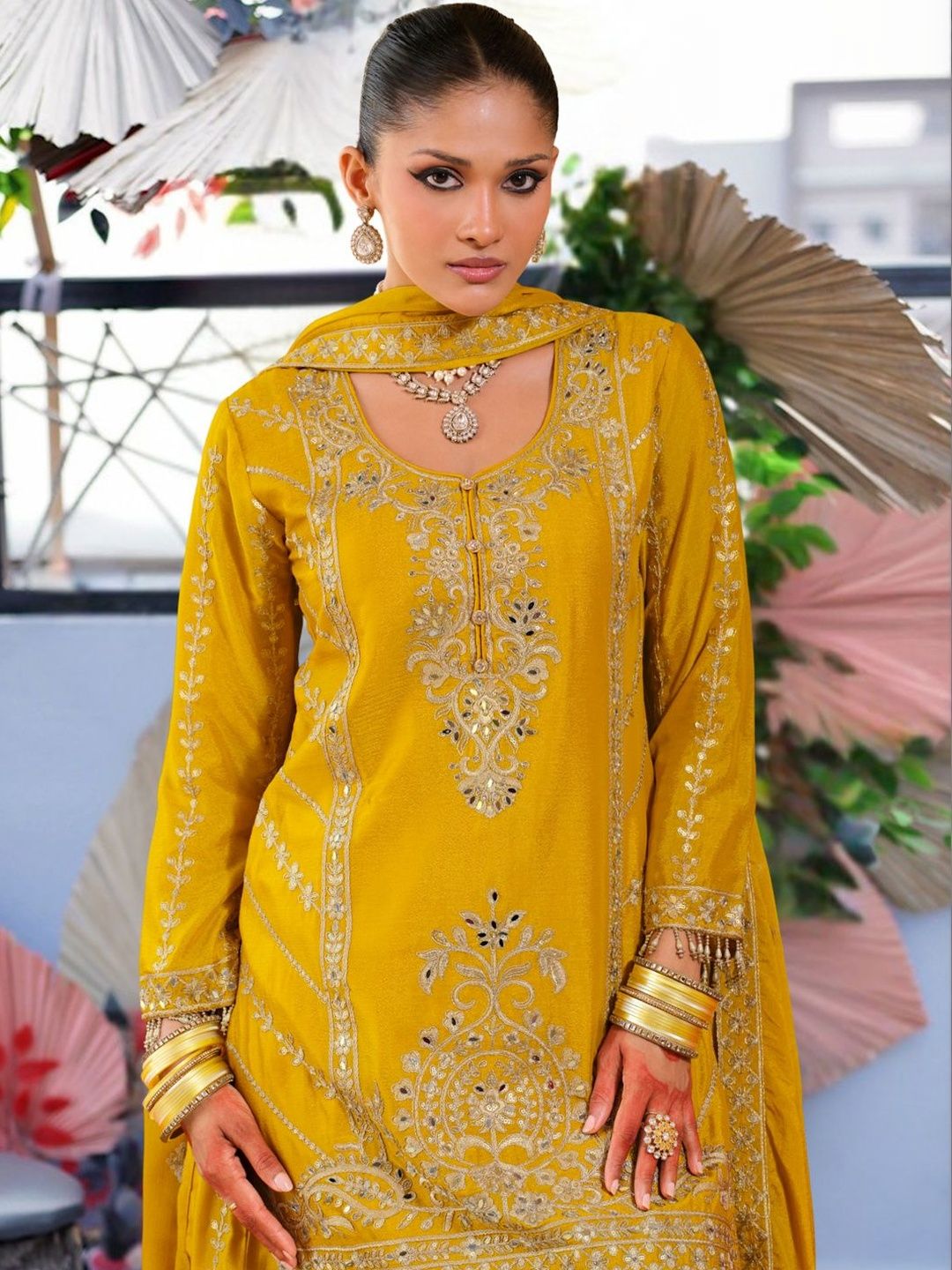 Dhiyona IE Women Ethnic Motifs Embroidered Regular Thread Work Kurta with Palazzos & With Dupatta
