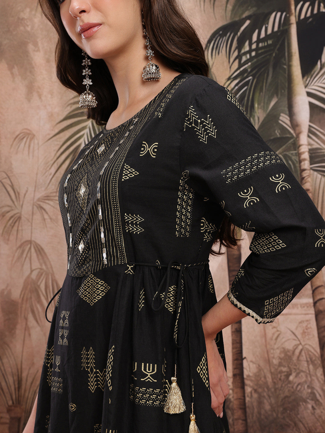 Gotta Patti Tribal Printed Tie Up Detail Yoke Kurta with Trousers