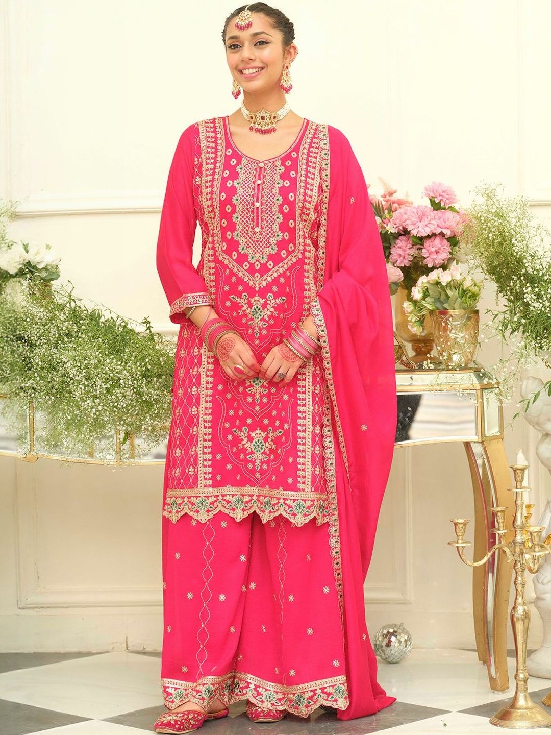 Dhiyona IE Women Ethnic Motifs Embroidered Regular Kurta with Palazzos & With Dupatta