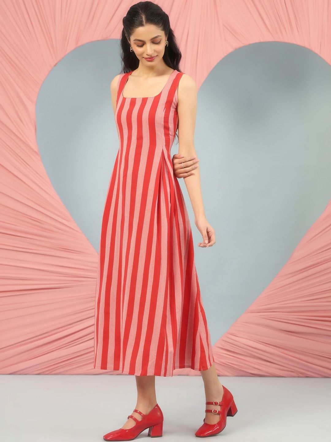 Dhiyona AY Women's Striped Cotton A-Line Midi Ethnic Dresses