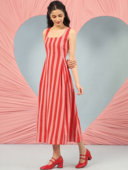 Dhiyona AY Women's Striped Cotton A-Line Midi Ethnic Dresses