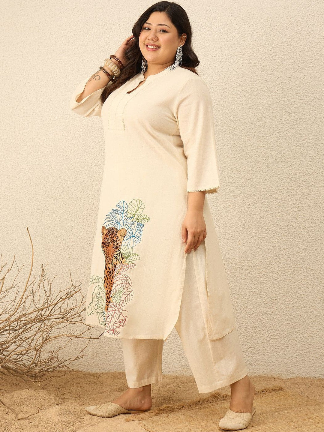 Plus Size Animal Printed Regular Pure Cotton Kurta with Trousers