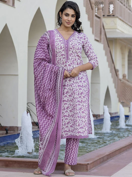 Dhiyona KL Women Floral Printed Regular Pure Cotton Kurta with Trousers & With Dupatta