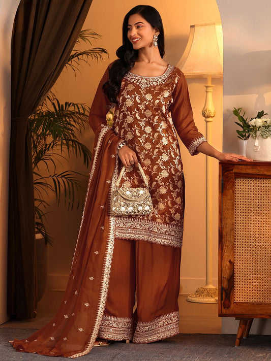 Dhiyona LL Women Floral Woven Design Thread Work Kurta with Palazzos & Dupatta
