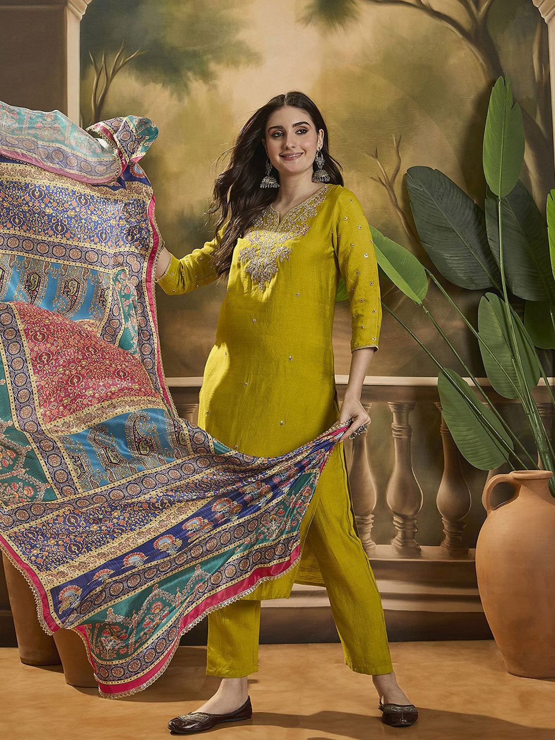 Embroidered Three Quarter Sleeves Kurta Trouser & Dupatta