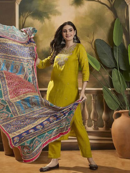 Embroidered Three Quarter Sleeves Kurta Trouser & Dupatta