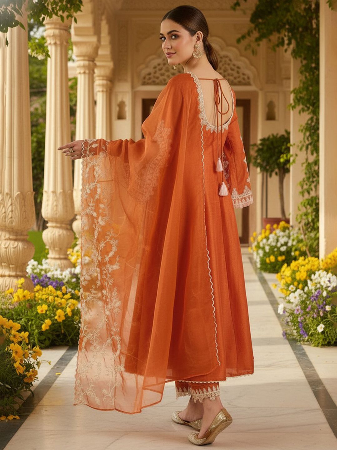 Dhiyona KL Embroidered Empire Thread Work Anarkali Kurta with Palazzos & Dupatta
