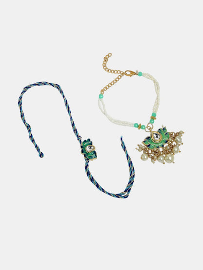 Dhiyona Set Of 2 Kundan-Studded & Beaded Lotus Shape Bhaiya Bhabhi Rakhis With Roli Chawal